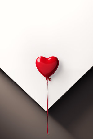 Elegant minimalistic cover art with red heart on white and gray background, beautiful valentines day ornament with copy space.の素材