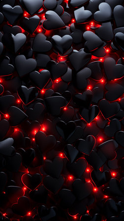 Black hearts with red lights on beautiful dark background. Valentine's Day card.の素材