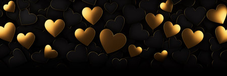 Beautiful dark background banner with black and golden hearts. Valentine's Day. Panoramic web header with copy space. Wide screen wallpaper.の素材