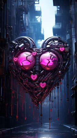 Heart in futuristic city in cyberpunk style. Valentines day card.の素材