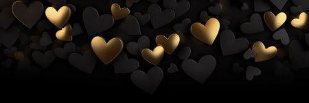 Beautiful dark background banner with black and golden hearts. Valentines Day. Panoramic web header with copy space. Wide screen wallpaper.の素材