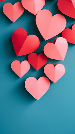 Red hearts on blue background. Valentines Day card.の素材