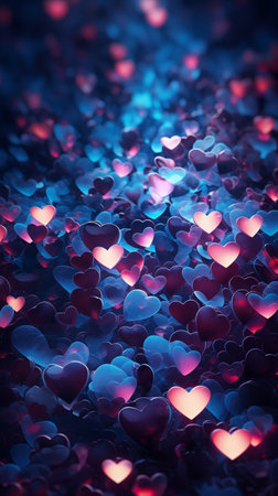 Purple and blue hearts on beautiful dark background. Valentines Day card.の素材