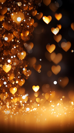 Golden hearts with gold lights on beautiful dark background. Valentines Day card.の素材