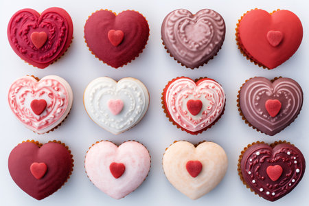 Sweet cakes in form of hearts on white background.の素材