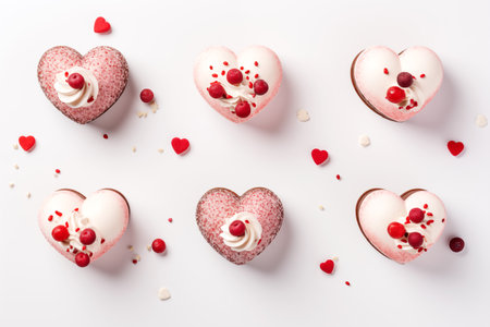 Sweet cakes in form of hearts on white background.の素材