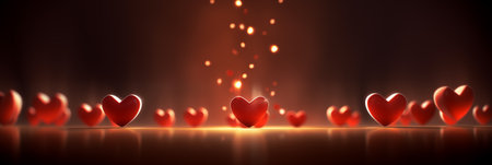 Beautiful background banner with red hearts, golden lights, sparkles and bokeh. Valentines Day. Panoramic web header with copy space. Wide screen wallpaper.の素材