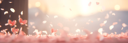 Blurred cherry blossoms and petals against warm sunset banner, defocused dreamy spring ambiance. Panoramic web header. Wide screen wallpaper.の素材