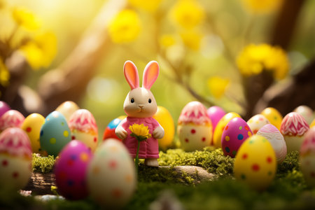 Easter eggs and Easter toy bunny with flower on spring sunny meadow. Easter Card.の素材