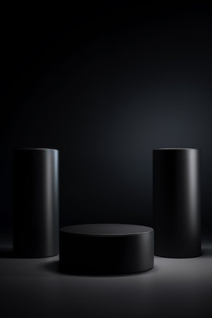 Three black cylindrical podiums with dark modern minimalist design on black background.の素材