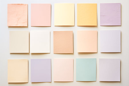Pastel colored paper sheets on light background.の素材