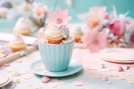 Decorated cupcake in blue cup against soft pastel flowers.の素材