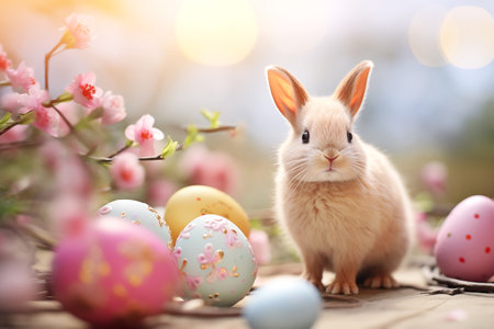 Bunny with decorative Easter eggs among pink cherry blossoms. Easter greeting card.の素材