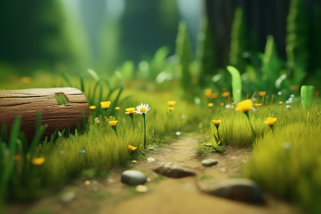 Miniature forest scene with wooden log and vibrant flowers.の素材
