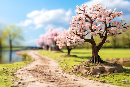 Scenic view of miniature blossoming cherry tree by peaceful riverside path.の素材