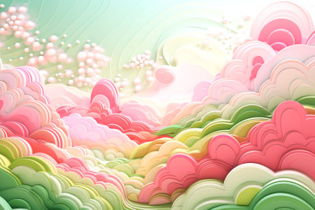 Soft, pastel clouds and hills in dreamlike landscape illustration.の素材