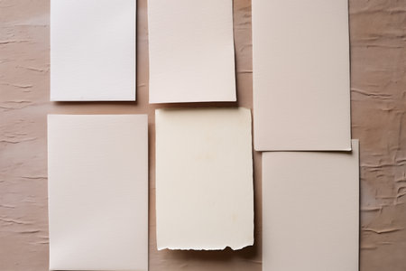 Craft paper assortment on earthy backdrop. Chaotic paper cards background.の素材