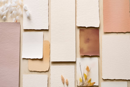 Textured handmade paper with delicate botanical prints. Chaotic paper cards background.の素材