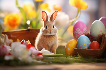 Bunny with colorful Easter eggs and flowers in soft light. Easter greeting card.の素材