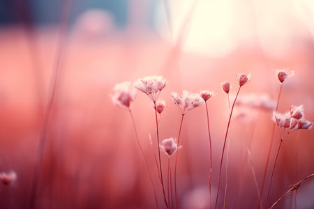 Serene field of delicate pink dried flowers in warm sunset hues.の素材