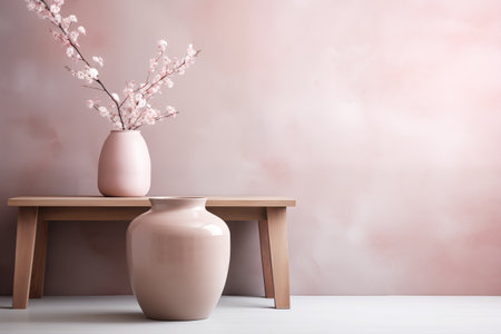 Cherry blossoms in vase on table with soft pink background.の素材