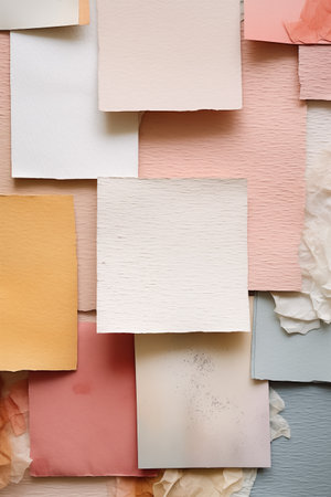 Assortment of textured papers in pastel hues arranged in layered collage. Chaotic paper cards background.の素材