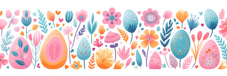 Vibrant, illustrated Easter banner with flowers and eggs, delightful boho illustration, artistic doodle. Panoramic web header. Wide screen wallpaper.の素材