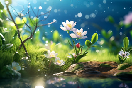 Luminous spring flowers on forest with magical lighting.の素材