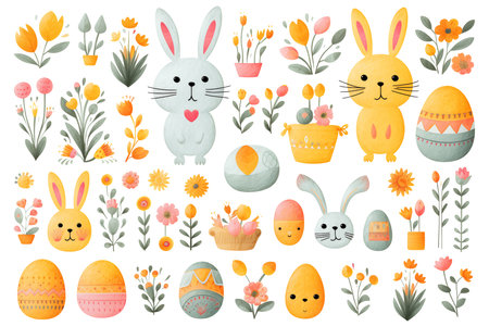 Set of colorful Easter bunnies, eggs, and spring flowers isolated on white background. Watercolor clipart bundle, hand drawn set, boho illustrationの素材