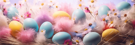 Pastel Easter eggs with feathers and flowers banner. Panoramic web header. Wide screen wallpaper.の素材