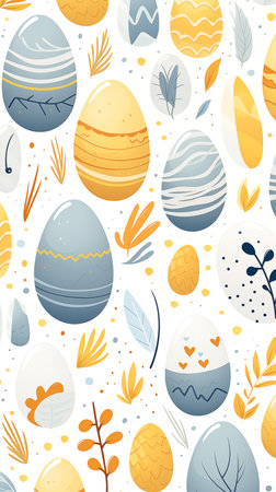 Illustration of blue and yellow Easter eggs with leaf motifs in soft color palette. Easter greeting card background, phone wallpaper, stories backdrop.の素材