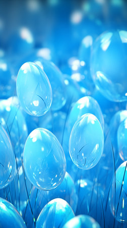 Luminous glowing blue futuristic Easter eggs with digital cyber patterns. Easter greeting card background, phone wallpaper, stories backdrop.の素材