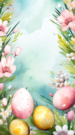 Colorful watercolor painted Easter eggs among blooming spring flowers. Easter greeting card background, phone wallpaper, stories backdrop.の素材