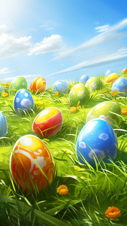 Illustration of vibrant Easter eggs scattered across grassy field under blue sky. Easter greeting card, phone wallpaper.の素材
