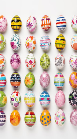 Hand-painted Easter eggs with colorful designs on white background. Easter greeting card background, phone wallpaper, stories backdrop.の素材