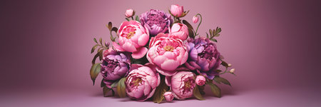 Pink peonies flowers bouquet on purple background banner. Panoramic web header. Wide screen wallpaper.の素材