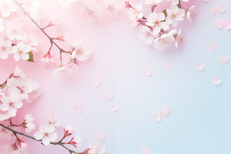 Cherry blossom branches over soft pink and blue gradient background.の素材