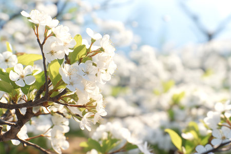 White cherry blossoms in sunlight garden with vibrant spring colors.の素材