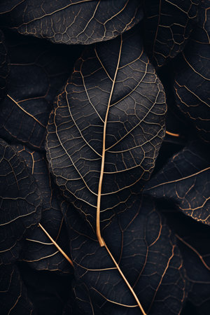 Contrast of shadow and golden lines on dark leaves background.の素材