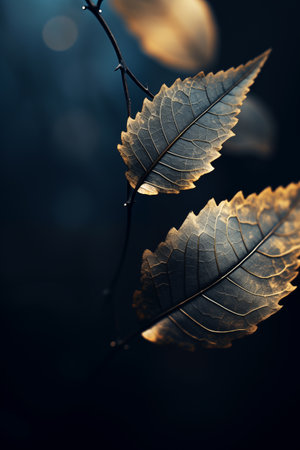 Golden and dark leaves against black background.の素材