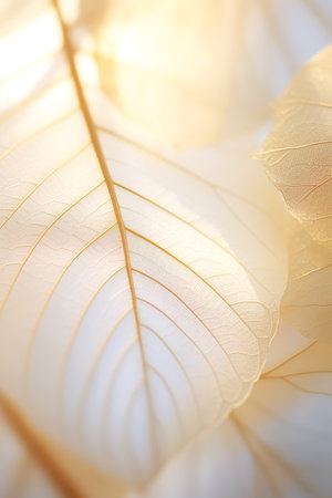 Soft toned white and golden leaves in delicate close-up with gentle light background.の素材