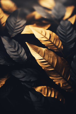Golden and dark leaves against black background.の素材