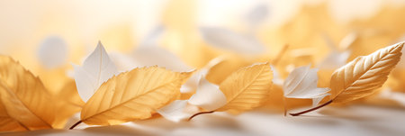 Pale gold autumn leaves on soft focus background banner. Panoramic web header. Wide screen wallpaper.の素材
