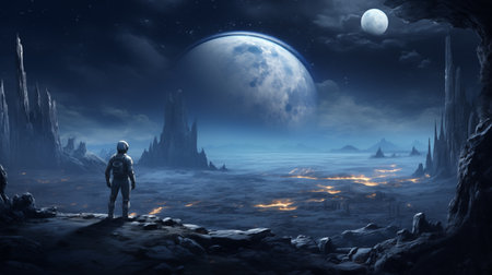 Astronaut overlooking lunar landscape. Solitary astronaut stands against lunar landscape, gazing at large planet rising above horizon.の素材