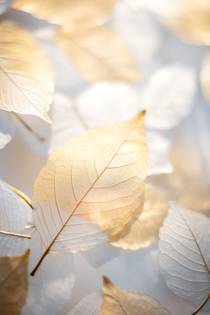 Soft toned white and golden leaves in delicate close-up with gentle light background.の素材