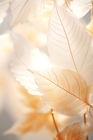 Soft toned white and golden leaves in delicate close-up with gentle light background.の素材