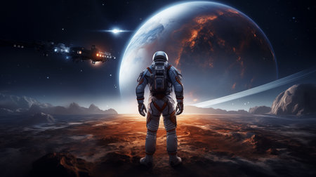 Astronaut stands on alien world, looking on planet with space station orbiting in distance.の素材