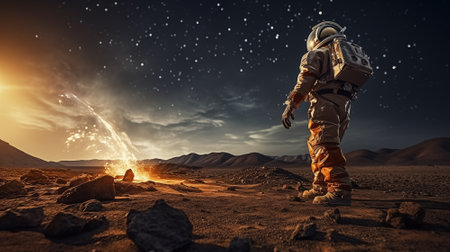 Astronaut in spacesuit observes fiery lava eruption on landscape of planet under starry sky.の素材