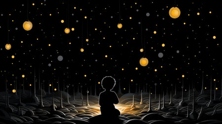 Silhouette of child boy sits under dark starry lights sky.の素材