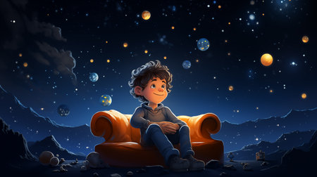 Young boy sits on couch under night sky filled with planets in dreamy, imaginative setting.の素材